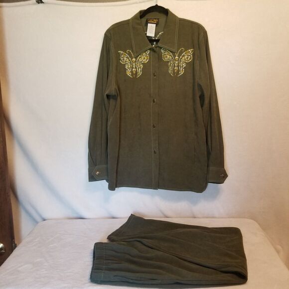 Bob Mackie XL Jacket Pants Wearable Art 2 Piece Green Butterfly Embroidered Boho - Picture 1 of 10